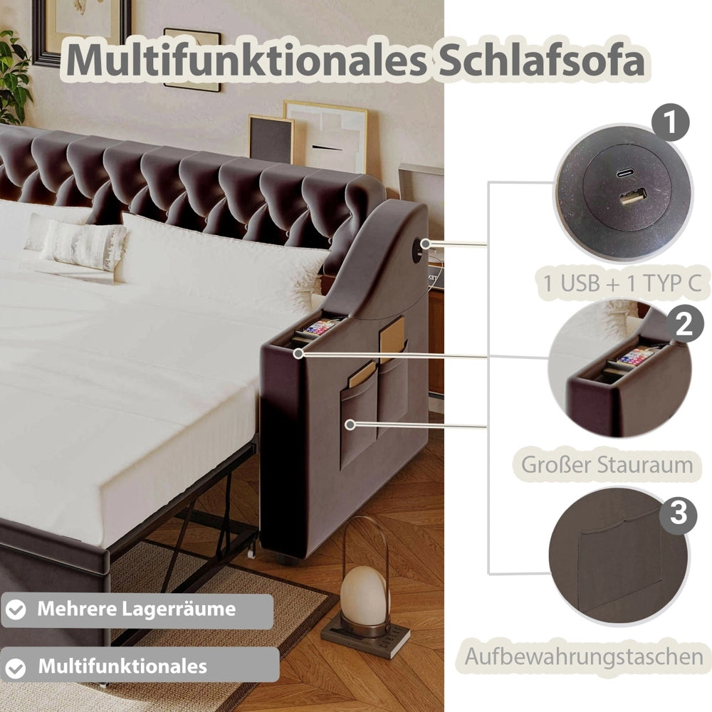 Divano letto - Xylo - 90/180x190 cm braccioli USB velluto grigio scuro