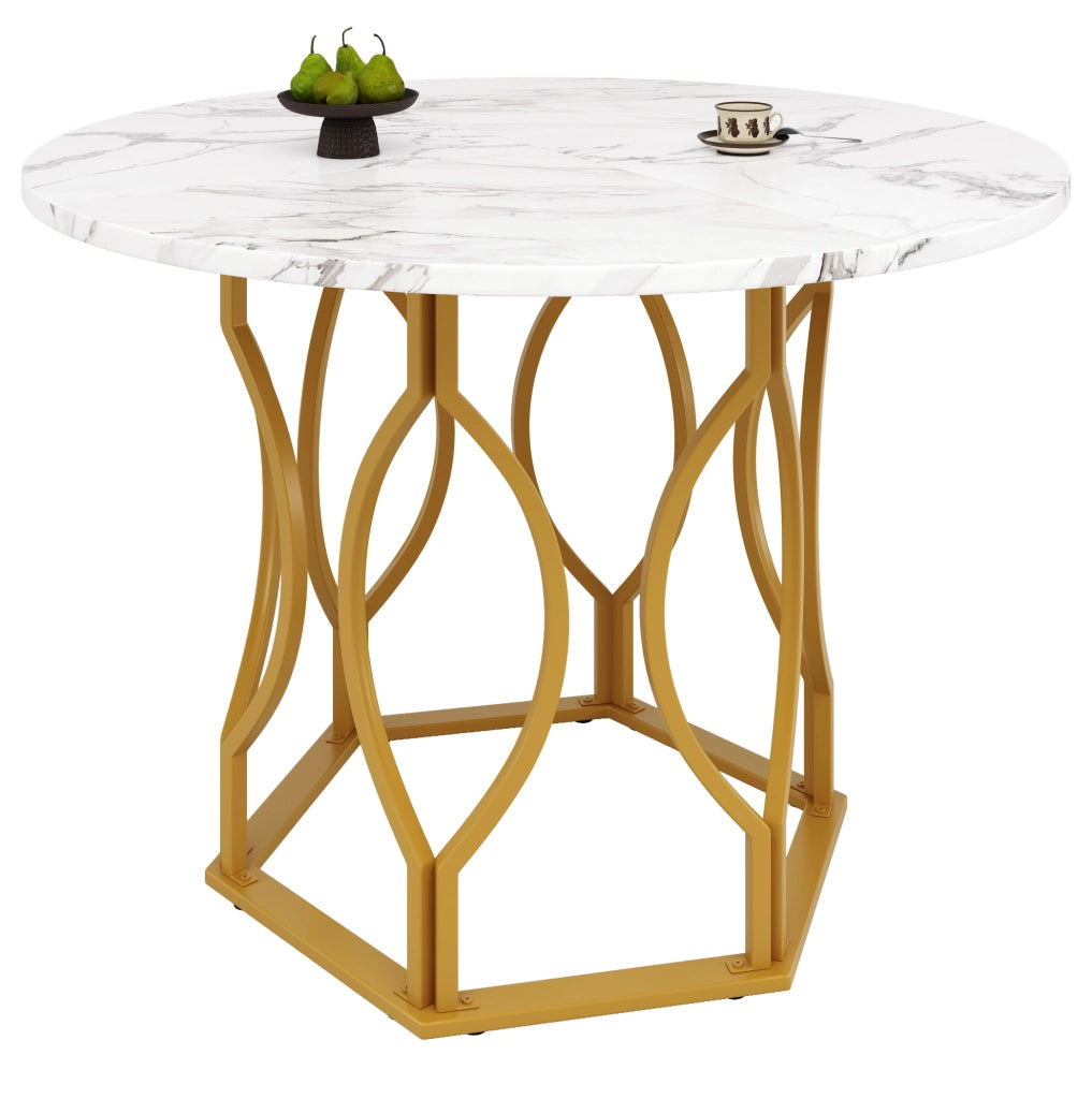 Tavolo da pranzo rotondo 100x100x76 cm in MDF e metallo; bianco e oro