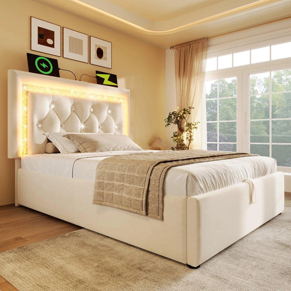 Letto Imbottito Singolo con Contenitore Idraulico e LED ¨C MINIMAL ¨C Velluto Beige 90x200