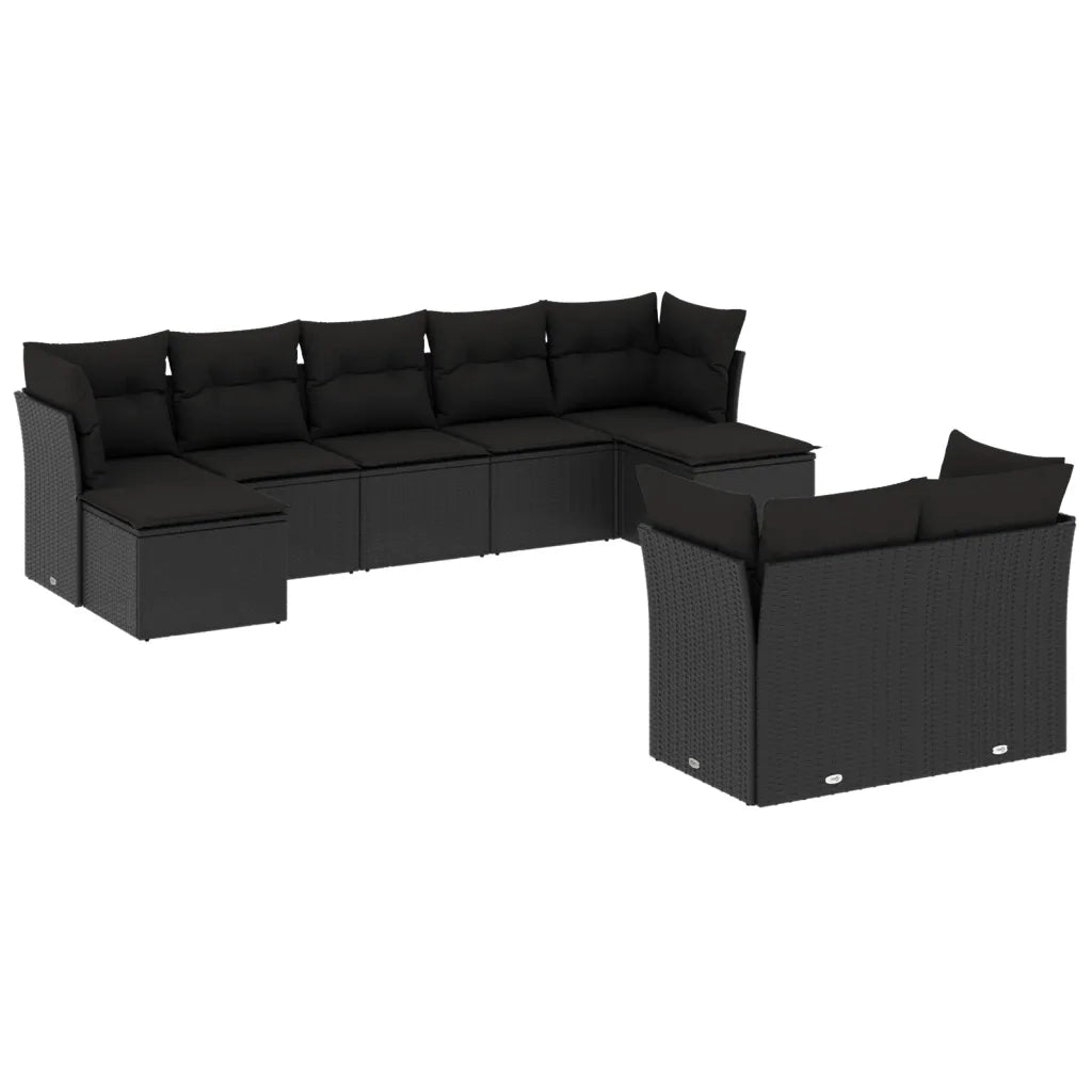 Set Divani da Giardino 9 pz con Cuscini Nero in Polyrattan