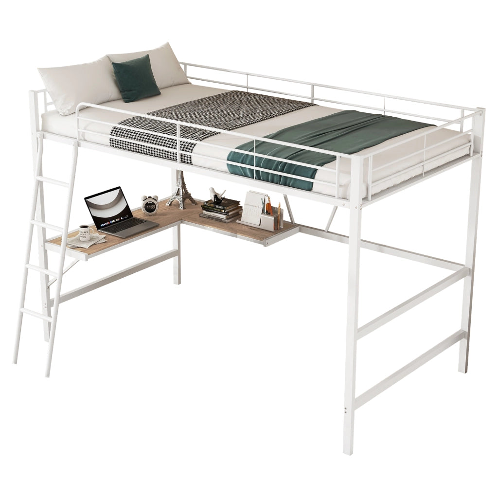 Letto a castello con scrivania L e scaffale - Xylo - 90x200 - Bianco