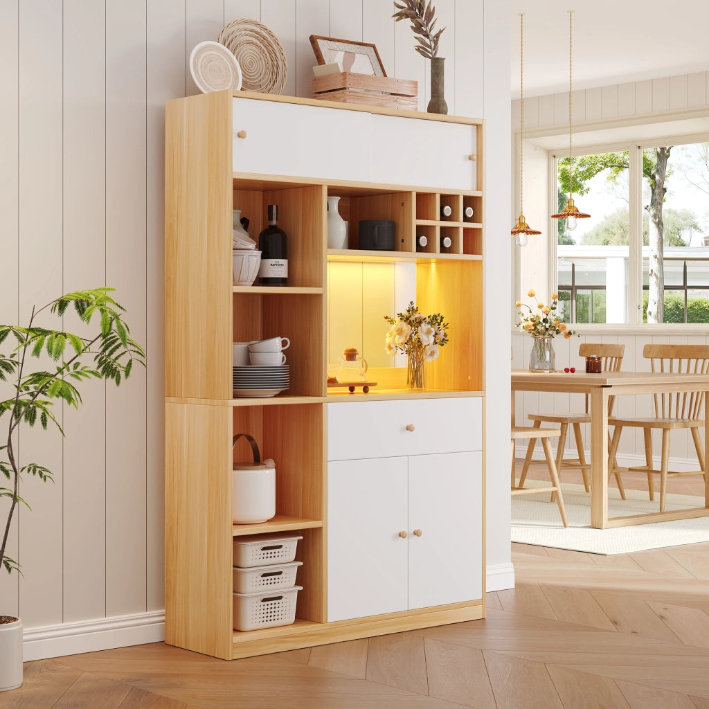 Credenza alta con LED, 1 cassetto, 3 ante e ripiani aperti, per cucina e soggiorno, bianco naturale, 115 × 35 × 180 cm