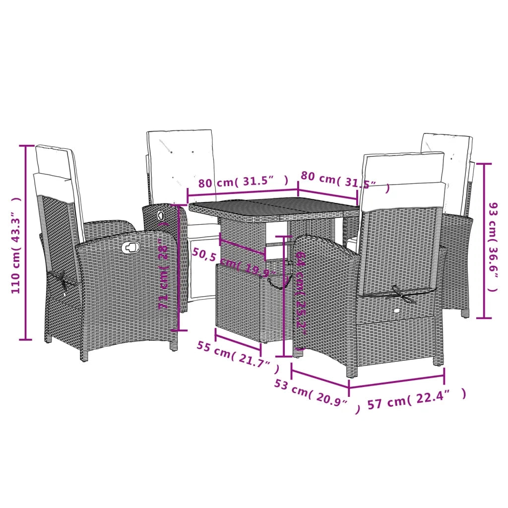 Set da Pranzo da Giardino 5 pz Nero con Cuscini in Polyrattan 3277316