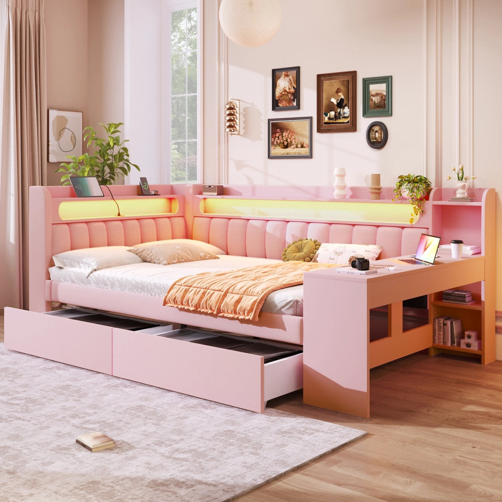 Letto imbottito 140x200 - Zephmum - Rosa con USB, LED, scrivania e 2 cassetti