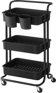Trolley 3 livelli con maniglia e 2 piccoli contenitori da appendere - Carrello con 2 freni per cucina - Cestelli in plastica per la conservazione - Facile da montare - Ideale per camera da letto e bagno - Nero - BSC067B01