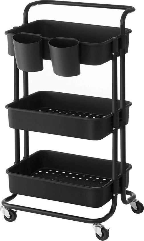 Trolley 3 livelli con maniglia e 2 piccoli contenitori da appendere - Carrello con 2 freni per cucina - Cestelli in plastica per la conservazione - Facile da montare - Ideale per camera da letto e bagno - Nero - BSC067B01