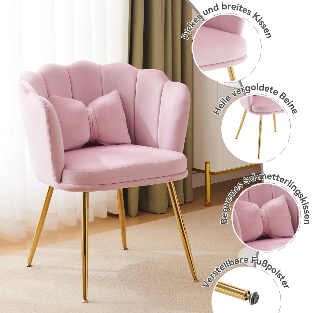 Poltrona con schienale a fiore, cuscino e gambe metalliche dorate in velluto rosa
