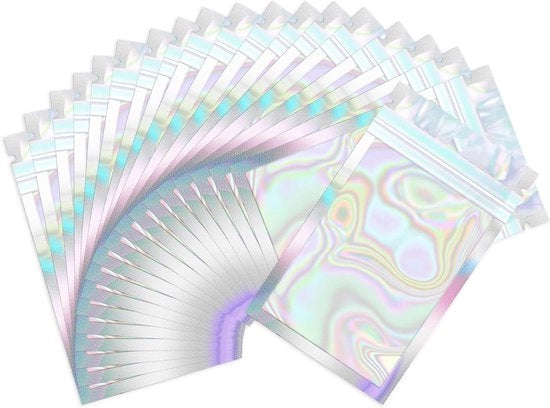 Sacchetti di protezione 100 pezzi - Resistenza ai profumi - Sacchetti holografici - Riscaldabile - Translucido - Materiale ecologico - Sacchetti in Mylar