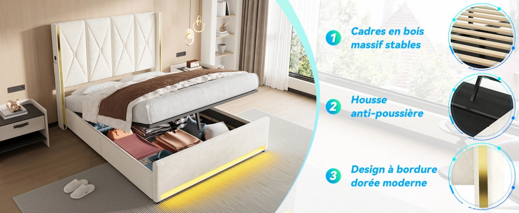 Letto Contenitore Imbottito con LED, USB e Sistema Idraulico ¨C MINIMAL ¨C Velluto, 160x200