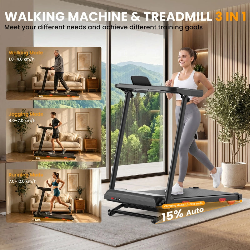 Tapis roulant pieghevole 3-in-1, inclinazione automatica fino al 15%, 3.0 HP, velocit¨¤ massima 12 km/h, controllo tramite Smart App