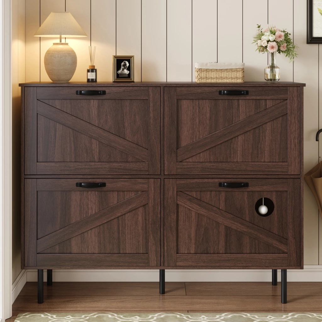 OKWISH Scarpiera con 4 Ante e 3 Ribalte, Gioco Integrato per Gatto, per Ingresso, Noce Naturale 120 x 28 x 92 cm
