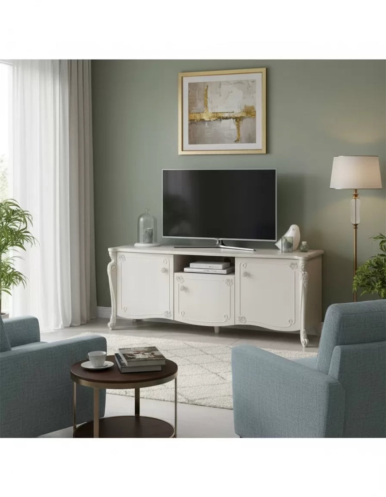 Porta tv in legno 3 ante shabby chic rilievo bianco opaco 172x57x69 - Mobili 2G