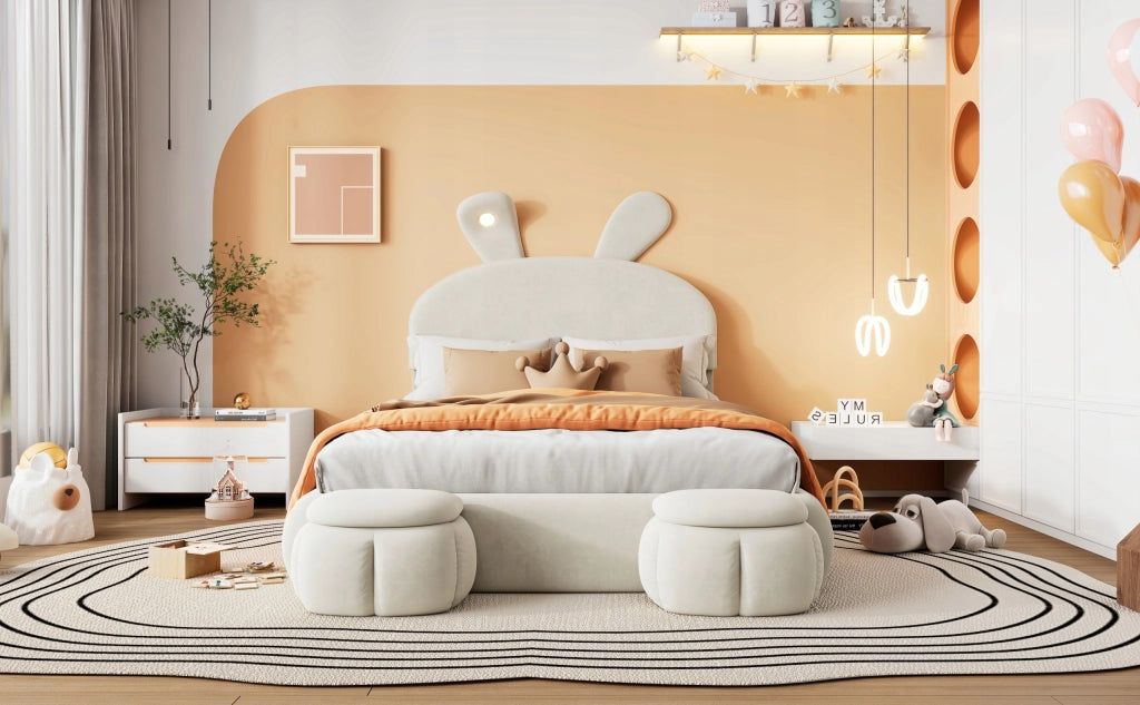 Letto matrimoniale 140x200 - Xylo - Orecchie coniglio LED velluto beige