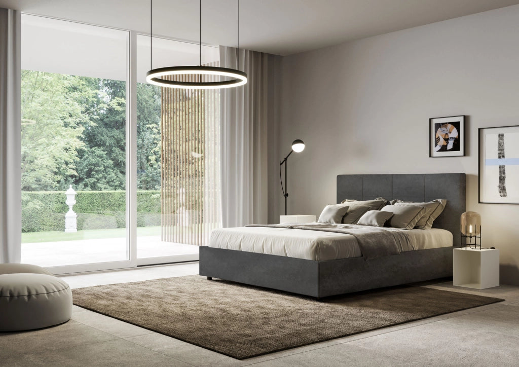 BS COM Letto matrimoniale francese con rete imbottito 140x200 microfibra grigio