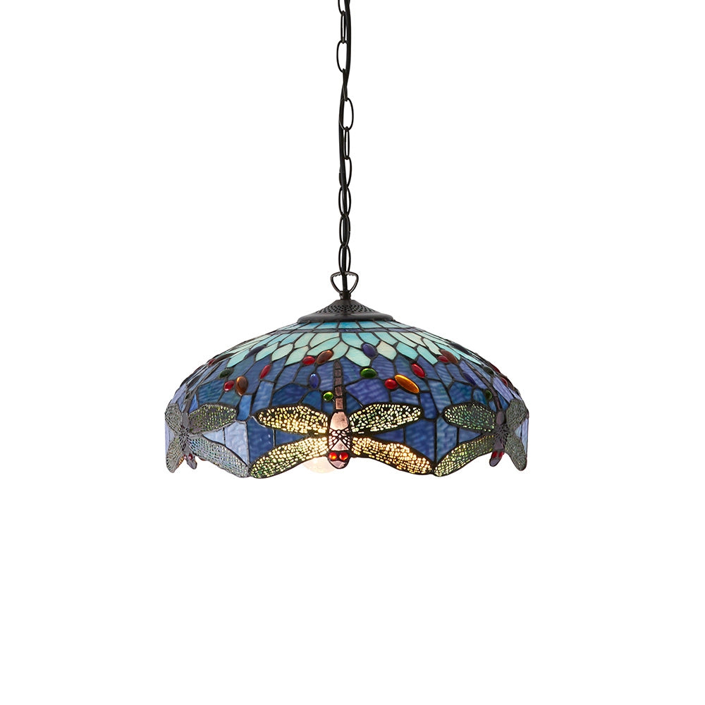 Lampada a sospensione Tiffany in vetro Blu Libellula 3xE27