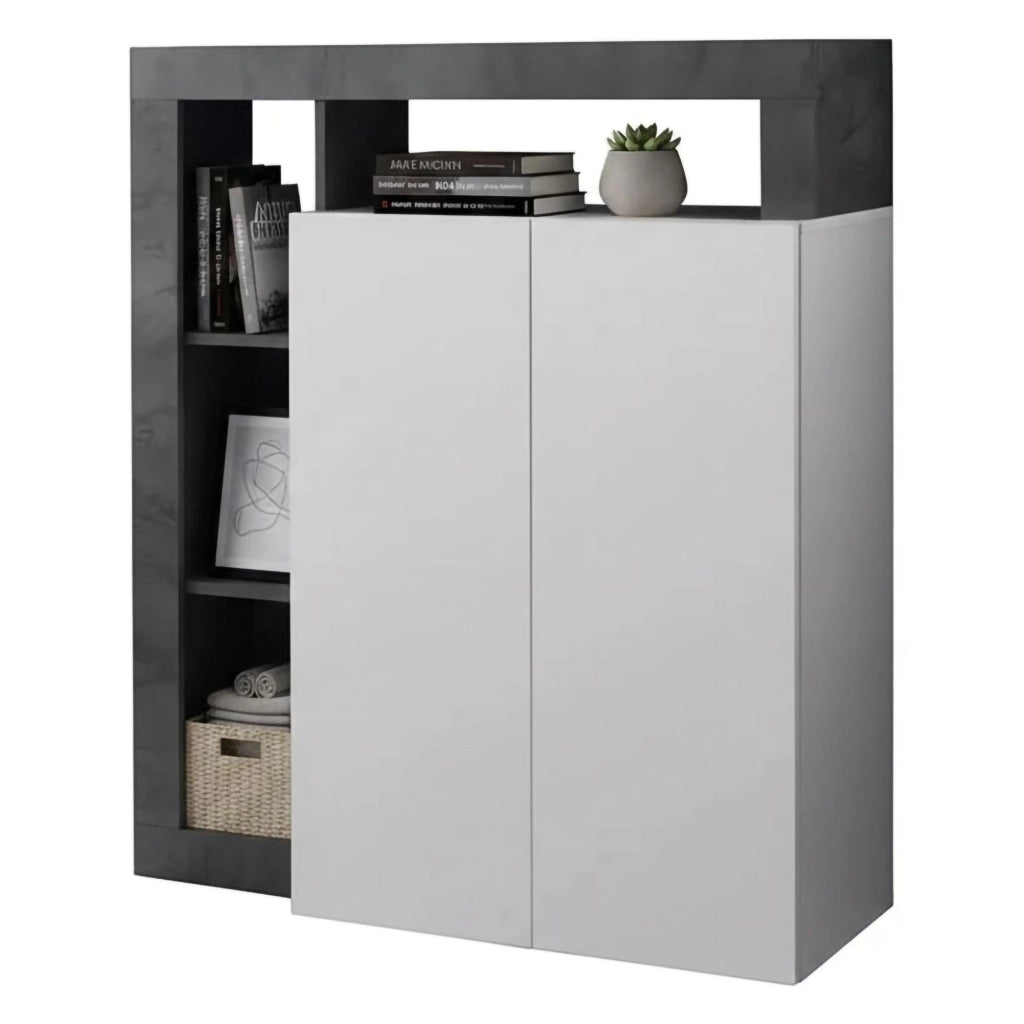 Credenza Smeraldo, Buffet da soggiorno, Madia da salotto, Dispensa da cucina, Made in Italy, 108x42 h127 cm, Bianco lucido e Ardesia
