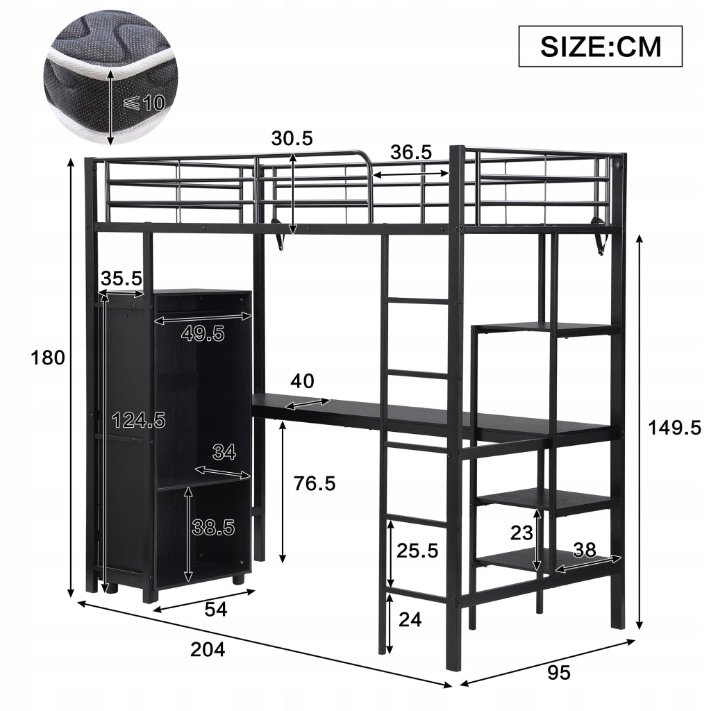 Letto a castello 90x200 con scrivania e armadio - Xylo - Nero