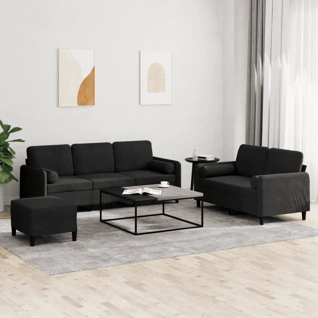 Set di Divani 3 pz con Cuscini Nero in Velluto