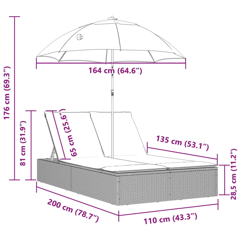 Lettino Prendisole Cuscini e Parasole Grigio Chiaro Polyrattan 368086