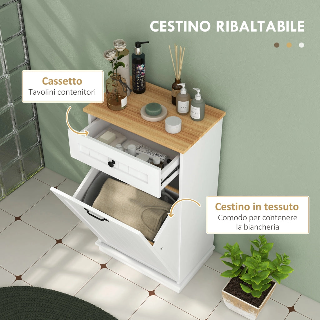 Mobiletto Bagno con Cesto e Cassetto ¨C Zephmum ¨C Bianco Legno