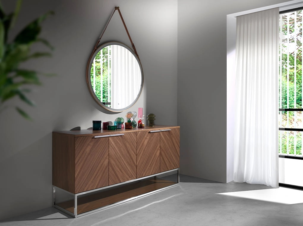 Credenza in legno noce e acciaio cromato