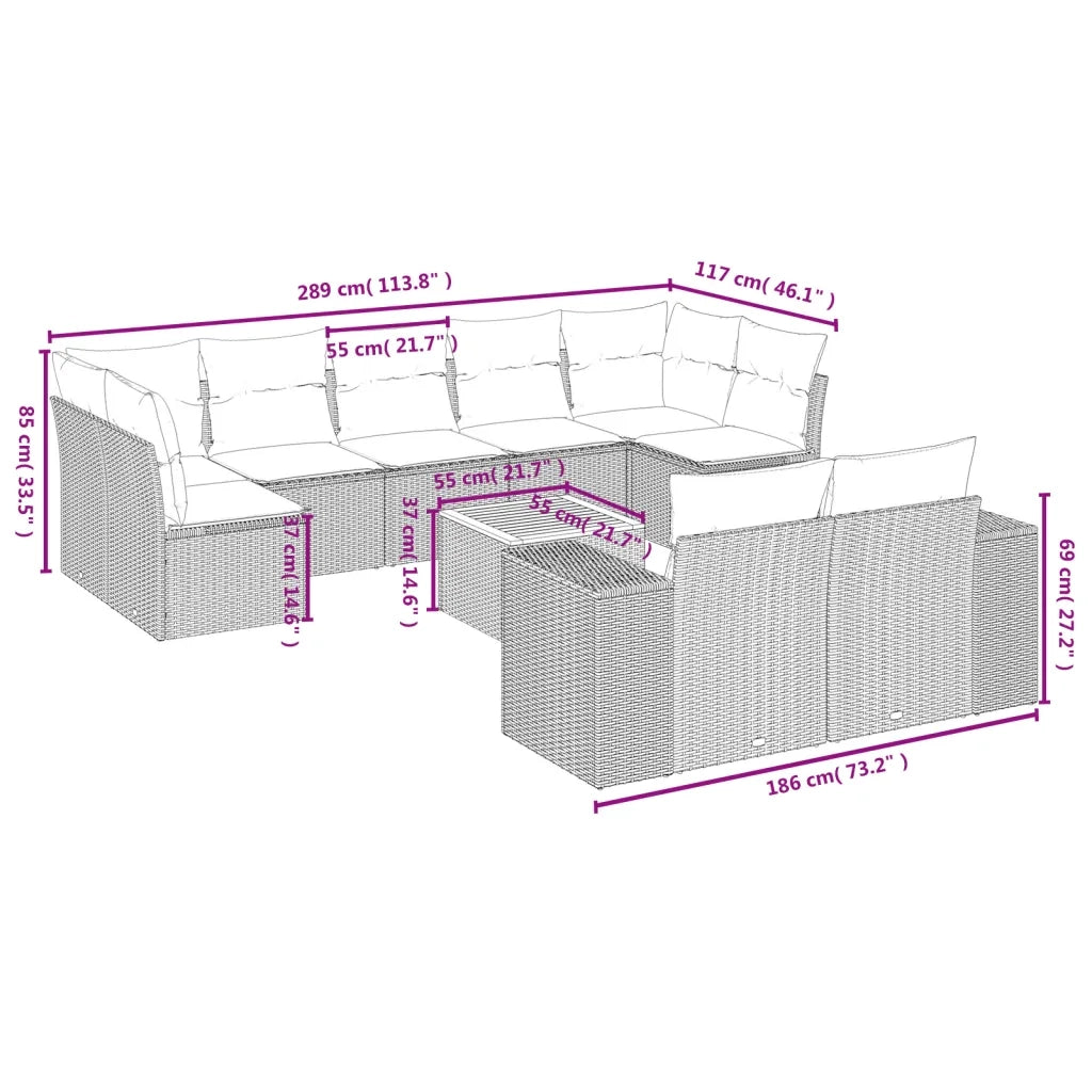 Set Divano da Giardino 10 pz con Cuscini Beige in Polyrattan