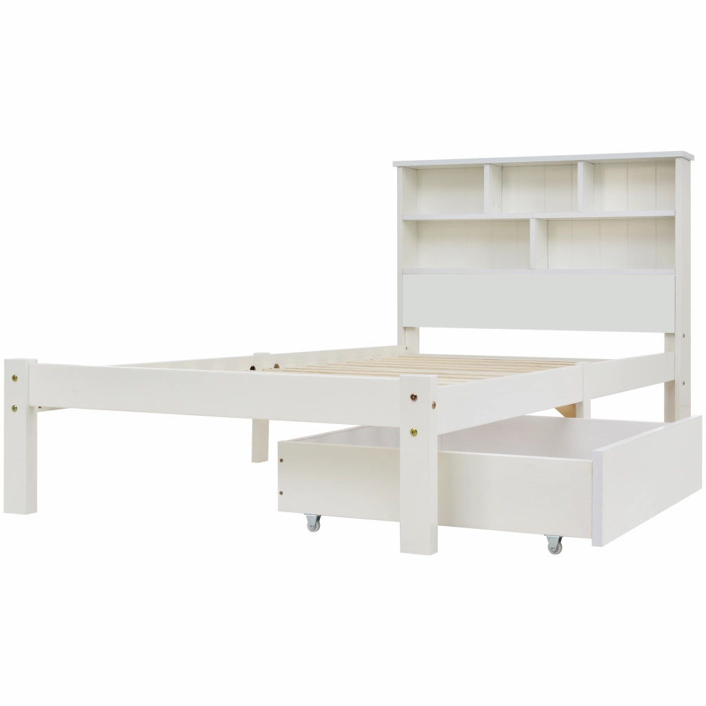LETTO singolo 90x200 cm con cassetti e testiera libreria bianco