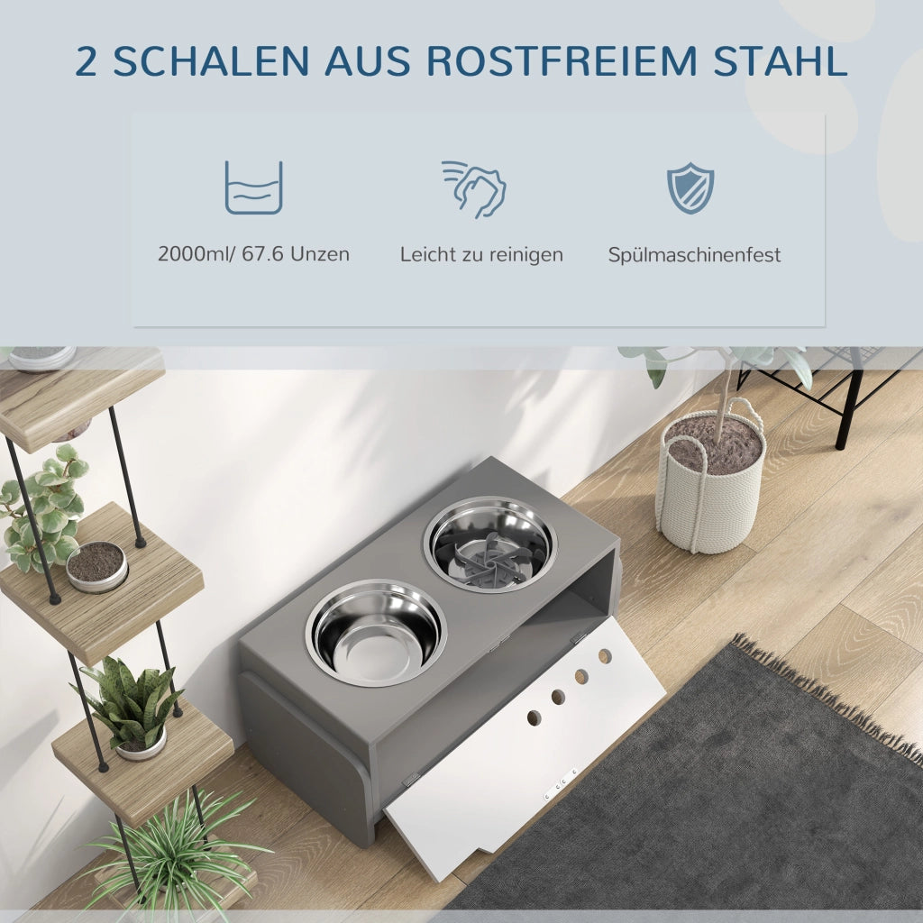 Stazione di alimentazione rialzata per cani con contenitore e ciotole in acciaio inossidabile ¨C Minimal ¨C Grigio 60x50x30