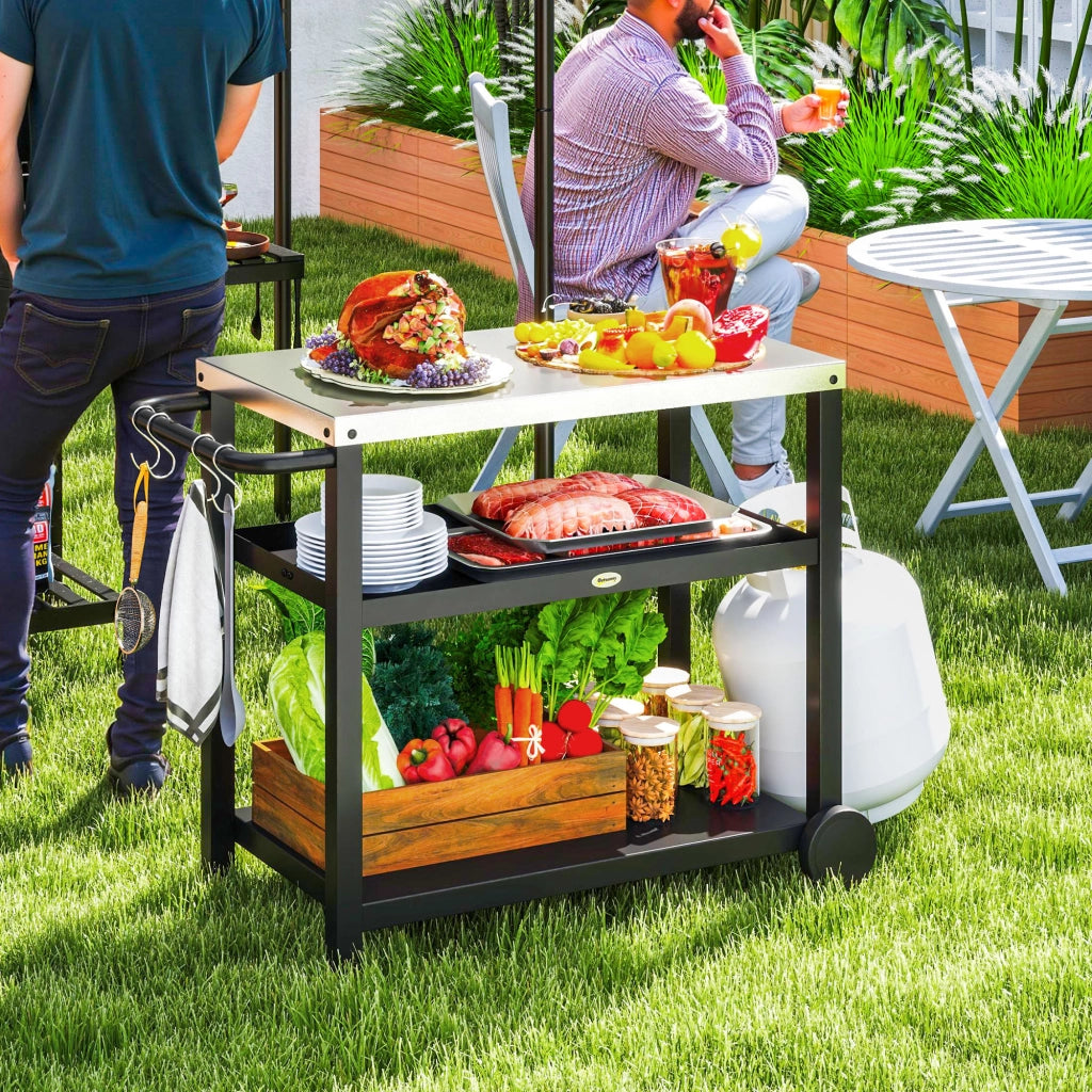 Carrello da Giardino BBQ ¨C Xylo ¨C Grigio con Ripiani e Ruote 102x50x81 cm