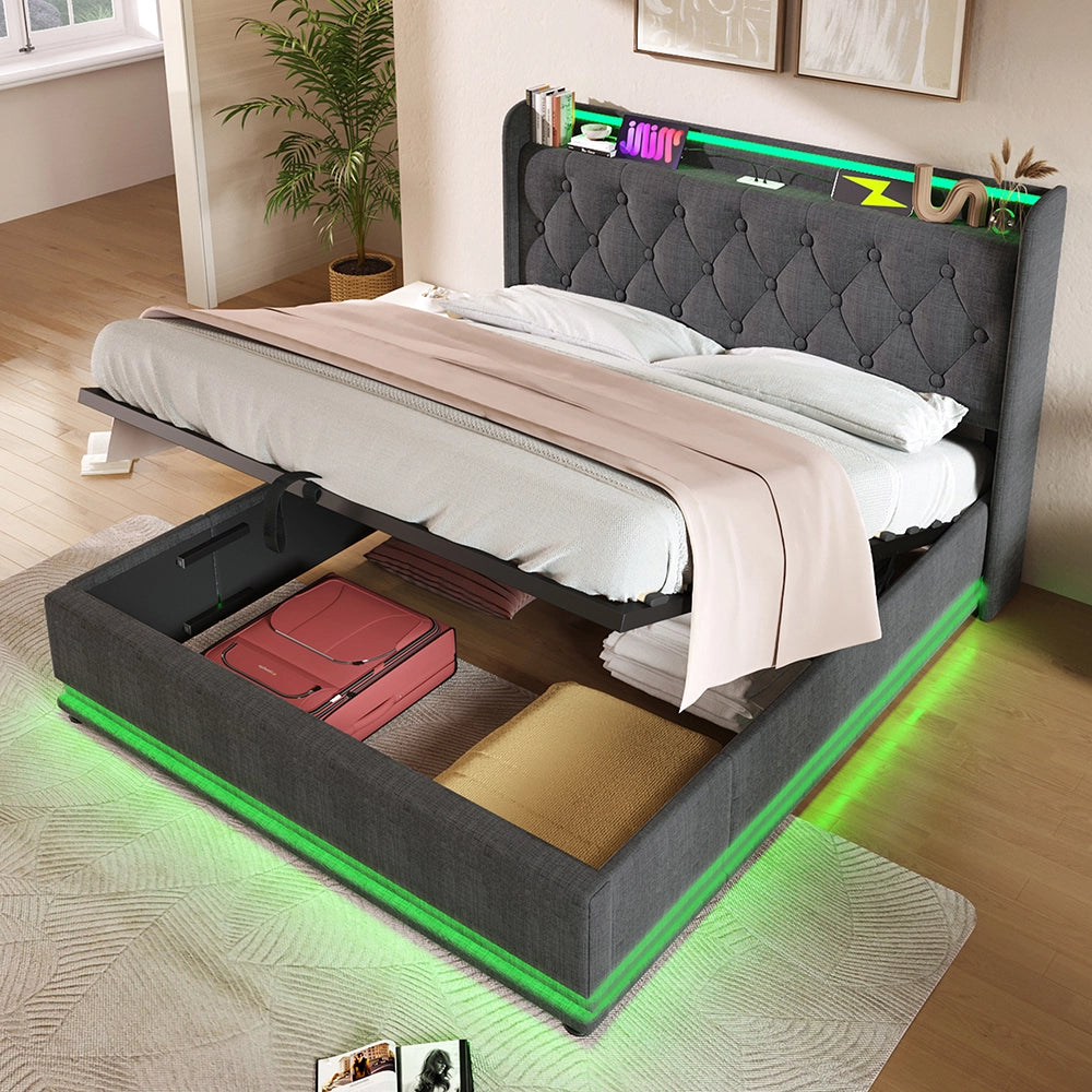 Letto a cassone per adulti - Xylo - 160x200 cm - Grigio lino - USB-C, controllo app