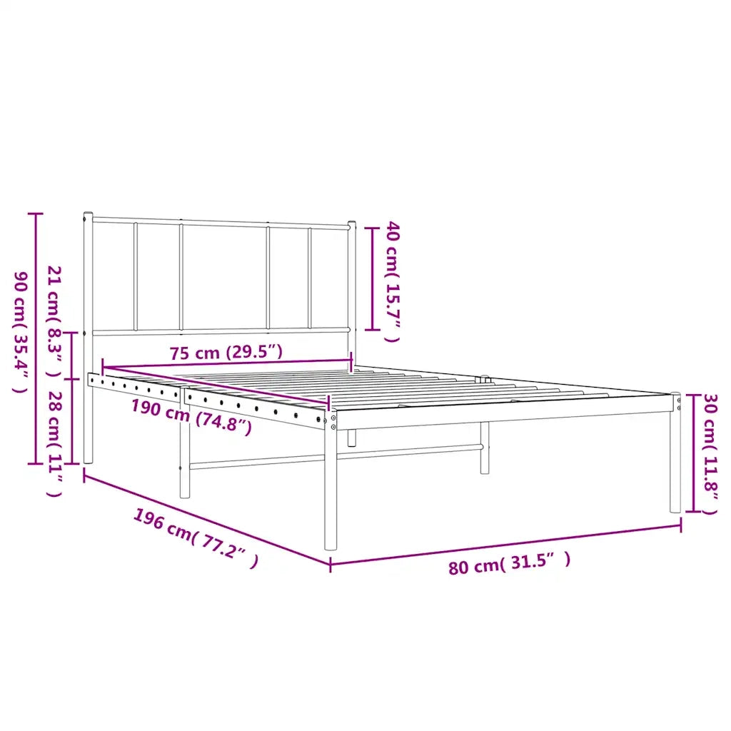 Letto singolo | Letto per adulti | Giroletto senza Materaso con Testiera Metallo Bianco 75x190 cm