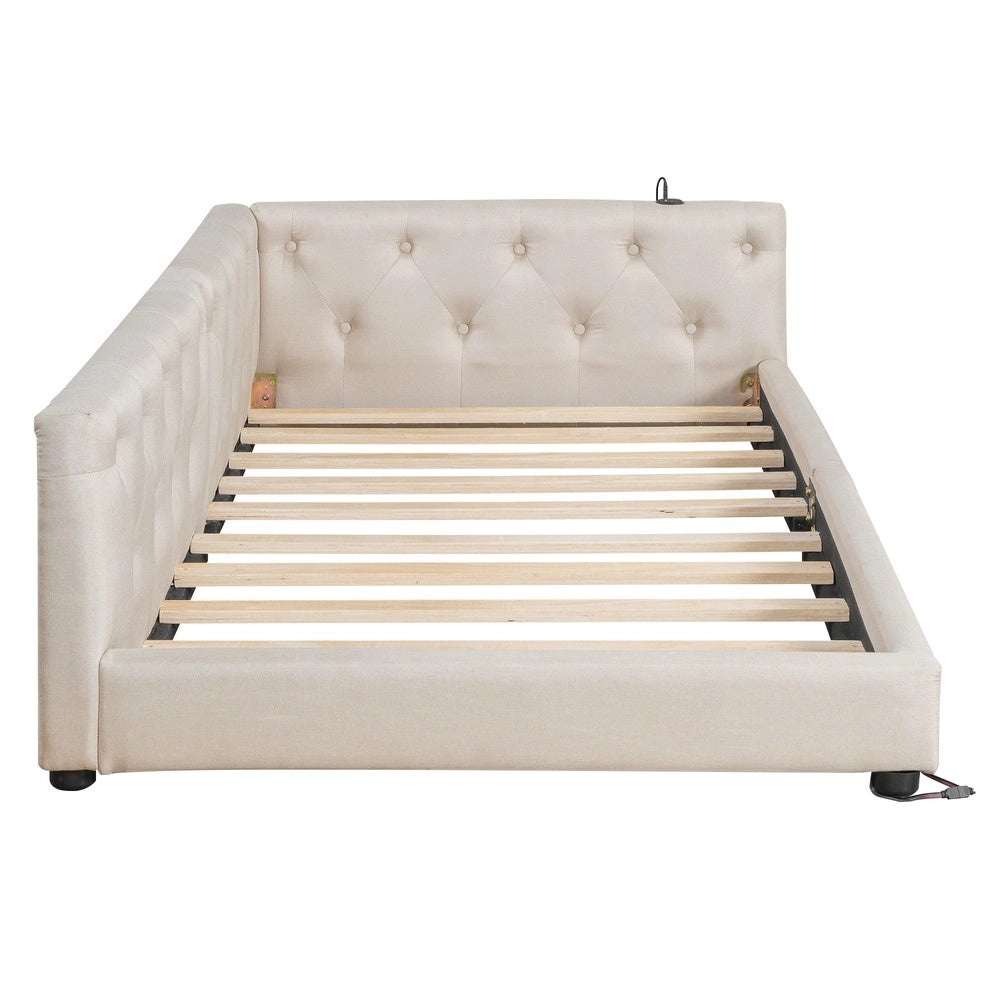 Letto Diurno Imbottito con LED ¨C MINIMAL ¨C Lino Beige 90x200