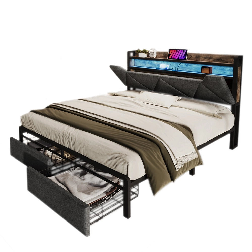 Letto Contenitore Imbottito con LED e Cassetti ¨C MINIMAL ¨C Grigio 160x200