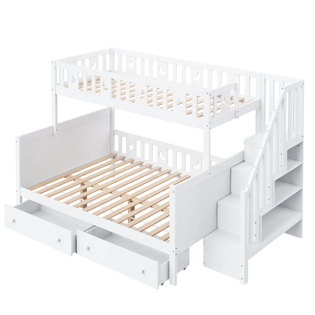 Letto a castello per bambini; 90x200cm e 140x200cm; legno massiccio; con scale di sicurezza; bianco