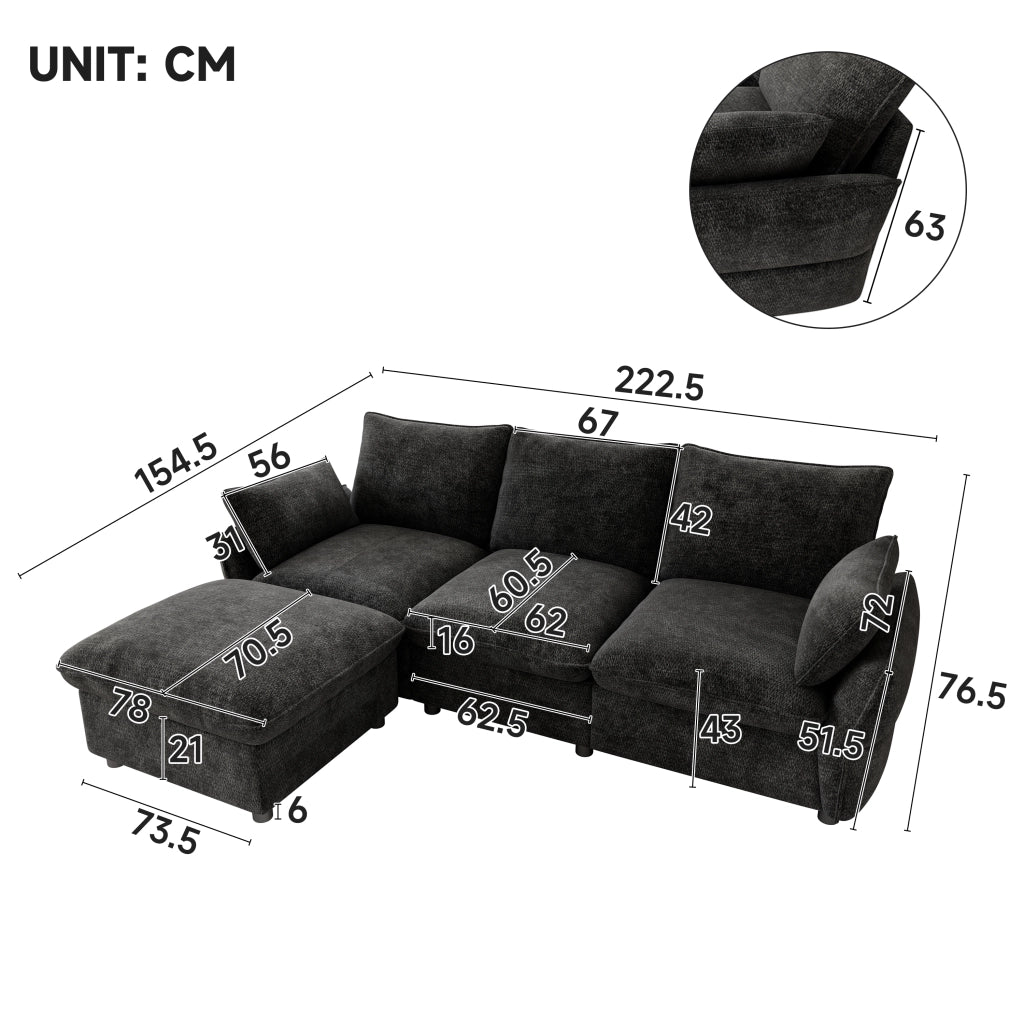 Divano angolare in chenille con pouf e 2 cuscini, seduta confortevole, design moderno, grigio scuro