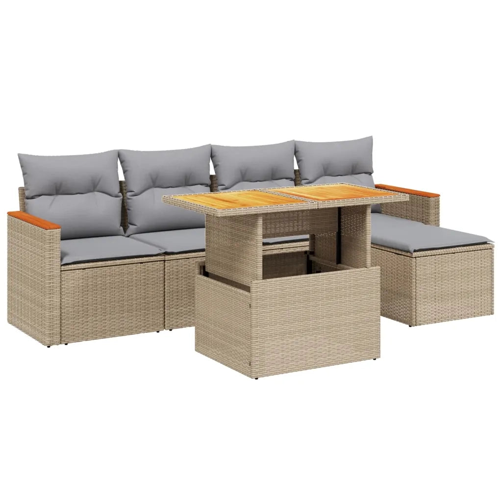 Set Divano da Giardino 6 pz con Cuscini Beige in Polyrattan