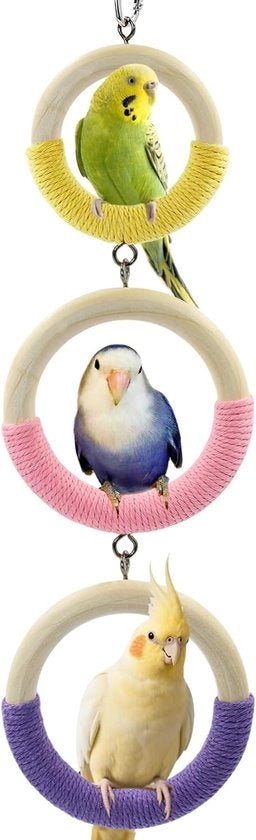 Treppiedi per uccelli in legno di abete con treppiedi in tre anelli, cavo di cotone per una presa morbida, per parrocchetti, amadini, cockatiel.