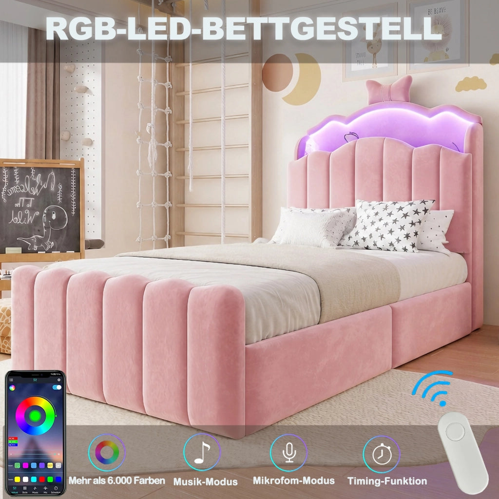 LETTO Contenitore 90x200 cm in velluto rosa con USB e LED