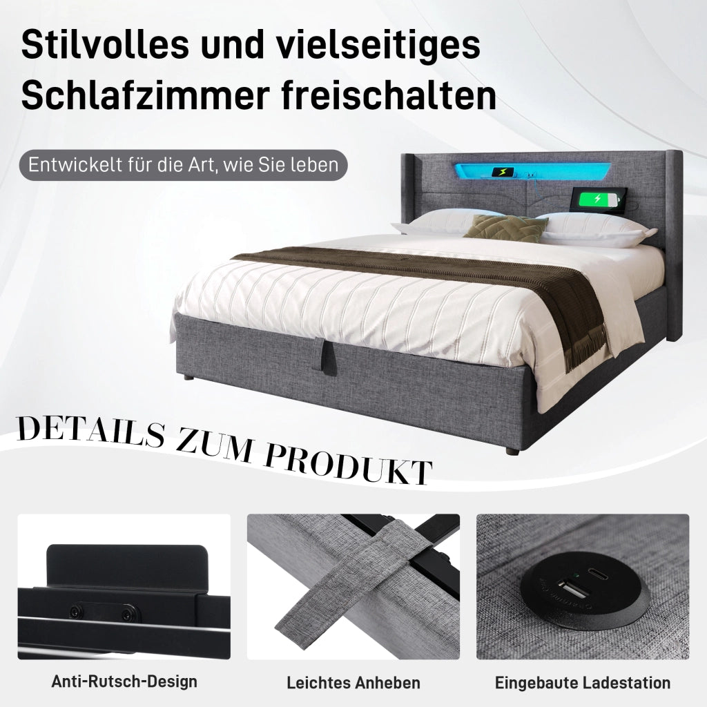 LETTO MATRIMONIALE 140x200 cm Grigio in Lino con LED e presa USB Type C
