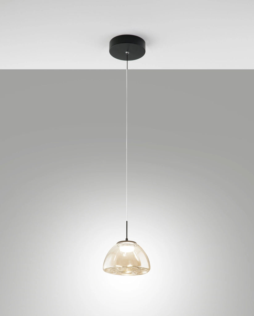 Lampada a Sospensione Lucille in Metallo e Vetro Borosilicato Cognac, LED 8W Dimmerabile a step, CCT 2700K/3000K/4000K, Ø16cm - Lucille