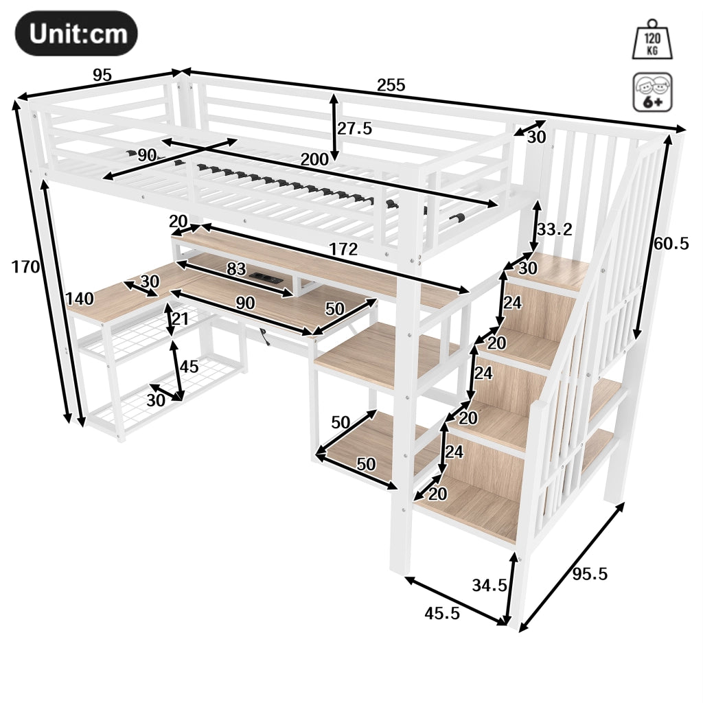 Letto a castello 90x200cm - Zephmum - Struttura in ferro, cassettiere, scale con contenitore, LED, scrivania USB, bianco