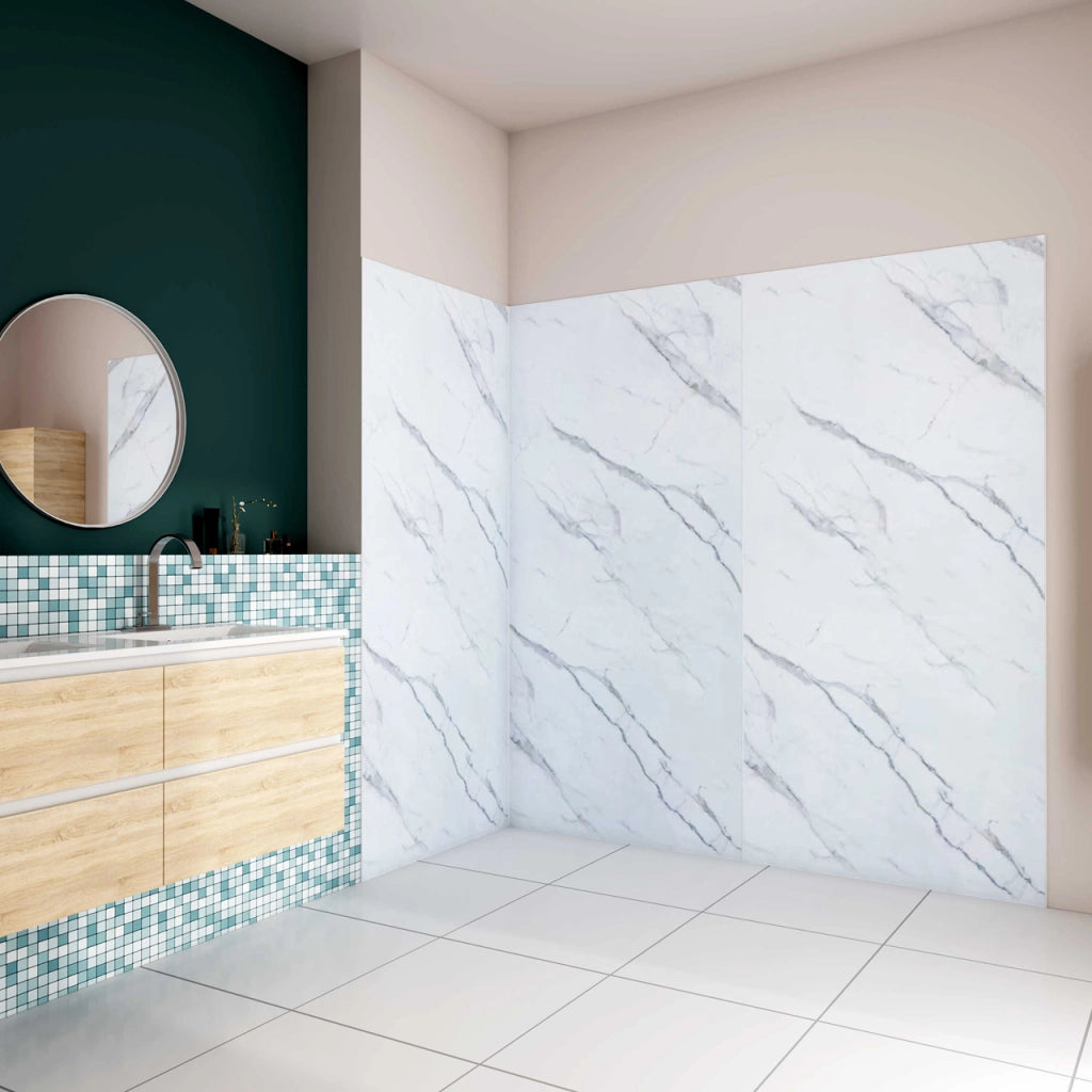 H.210 cm Pannello Doccia ad Angolo 90x100x100 cm Realizzato in Alluminio da 3 mm con Profili Finitura Bianco Alba per Rivestimento Parete Bagno