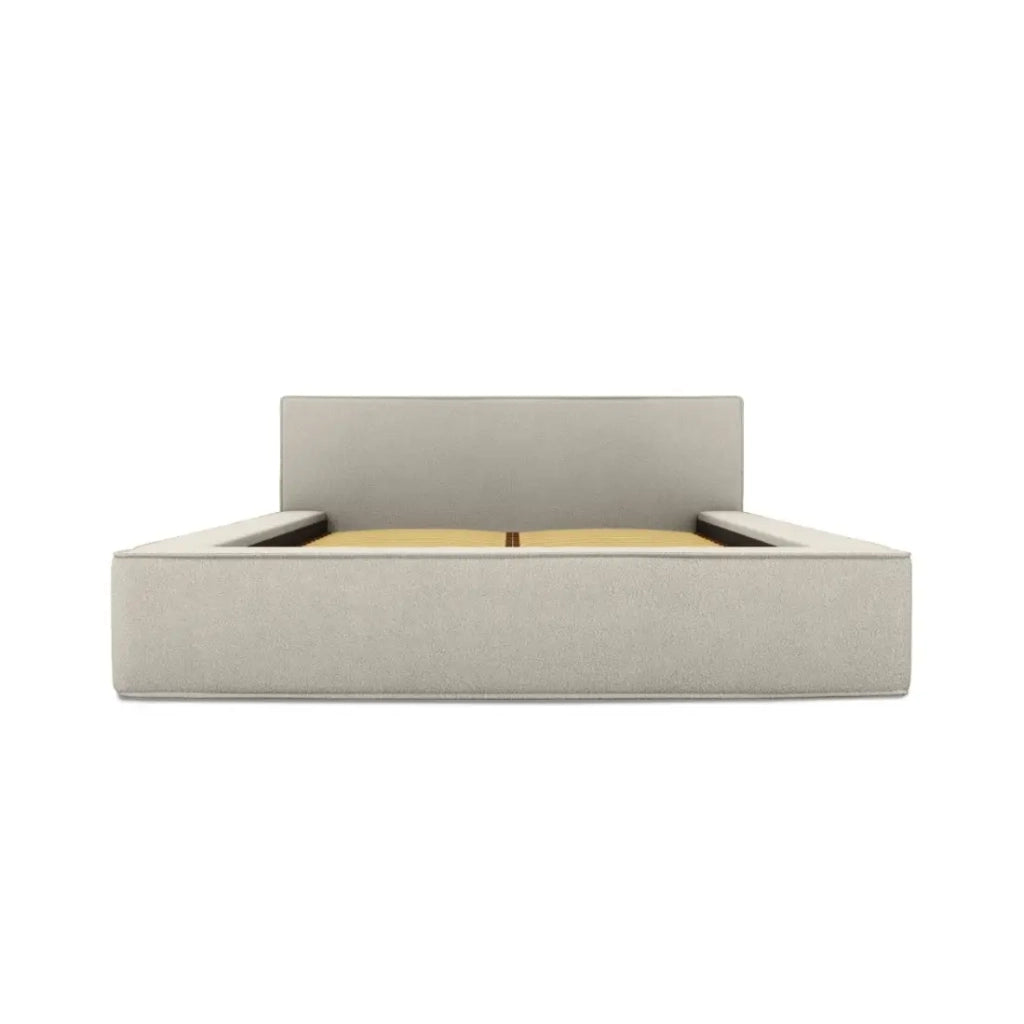 Letto contenitore VELORA – Sabbia ricciolata – 140x200 cm – Tessuto effetto lana – Rete sollevabile – Spazio di stoccaggio integrato
