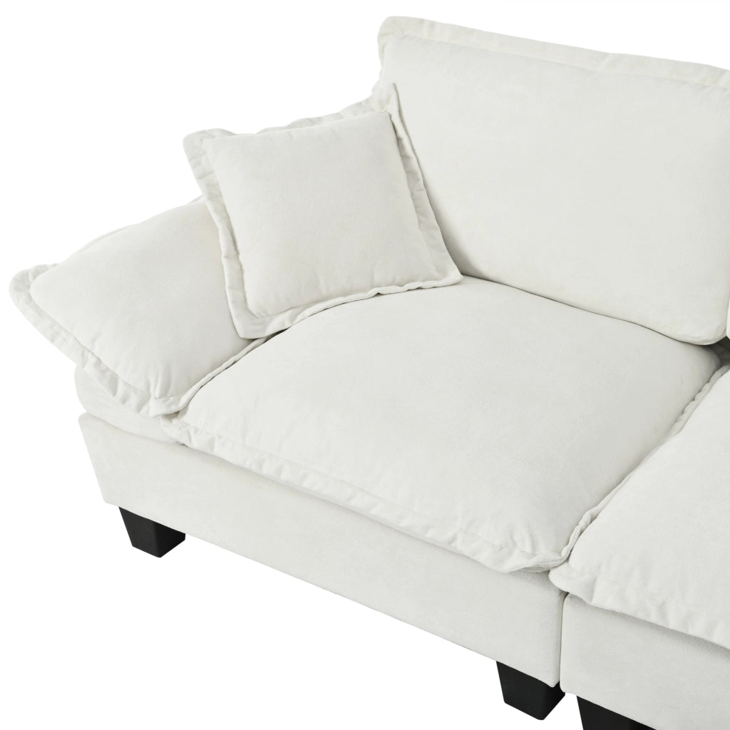 Scaffale modulare con seduta a U e 2 pouf mobili in chenille beige 263 × 151 × 90 cm