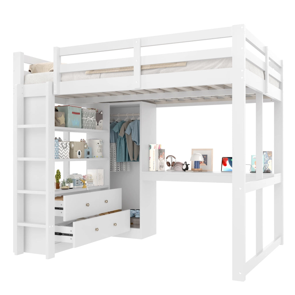 Letto a soppalco 140x200 bianco con scrivania, 2 cassetti, ripiani, LED e USB
