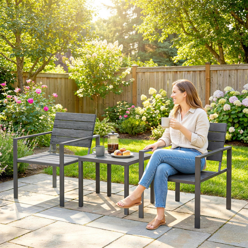 Set Giardino con Sedie e Tavolino ¨C Minimal ¨C Grigio Scuro HDPE Metallo