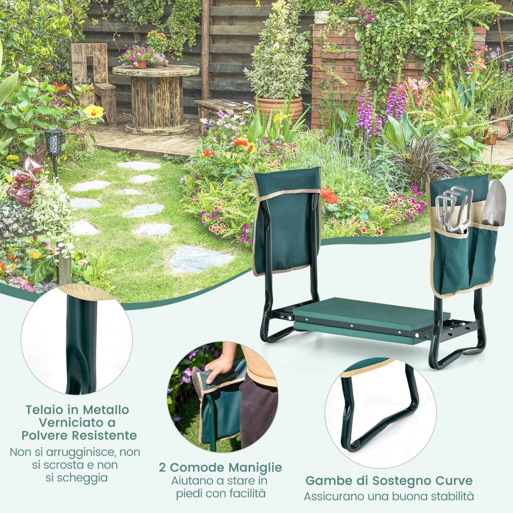 Inginocchiatoio da Giardino 2 in 1, Sgabello da Giardino Portatile e Pieghevole per Inginocchiare e Sedere, Sedile per Giardinaggio con 2 Tasche Porta Attrezzi e Materassino Ampio