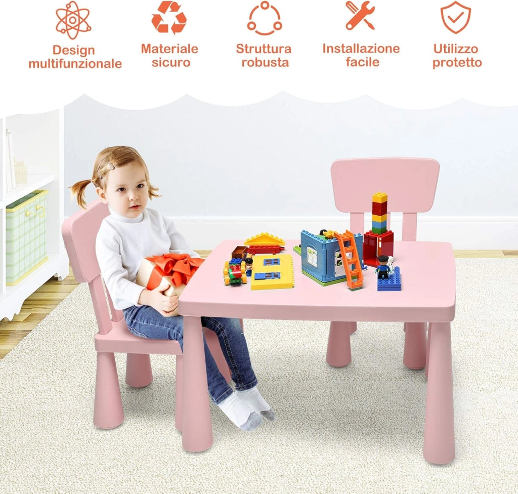 Set di Tavolo e Sedie per Bambini, Multifunzione, Tavolo e 2 Sedie da Gioco, Facile da Montare, capacità di Carico 50 kg, 76,5 x 54,5 x 49,5 cm, Rosa