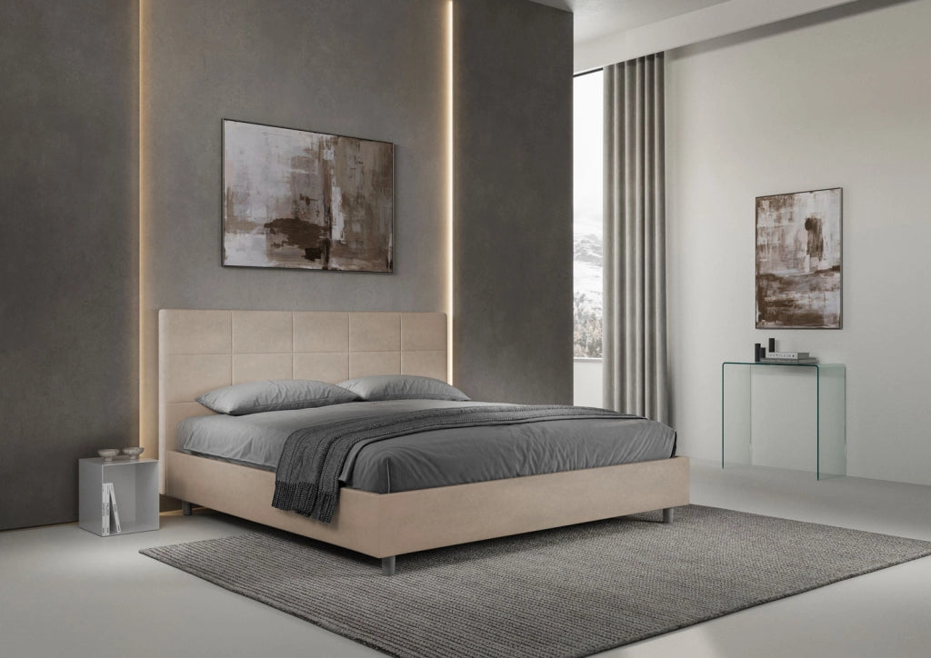 BS COM Letto matrimoniale king size senza rete imbottito 180x200 microfibra sabbia