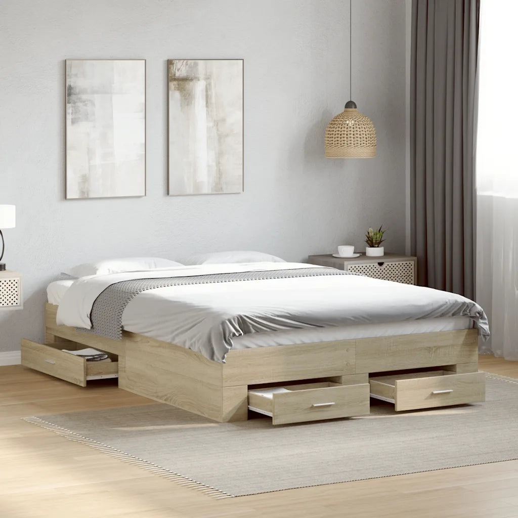 Letto matrimoniale | Letto per adulti | Giroletto Cassetti Rovere Sonoma 135x190 cm Legno Multistrato